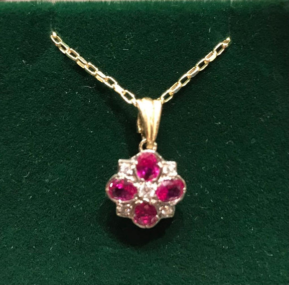 9ct gold ruby and cubic antique set pendant and chain