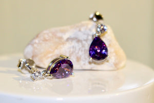 Sterling Silver Tear Drop Amethyst Cubic Zirconia with Triangle Cubic Zirconia