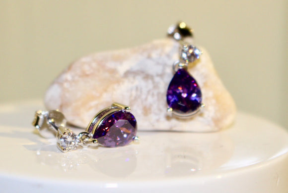 Sterling Silver Tear Drop Amethyst Cubic Zirconia with Triangle Cubic Zirconia
