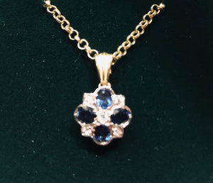 9ct gold antique set sapphire and cubics pendant and chain