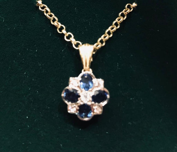 9ct gold antique set sapphire and cubics pendant and chain
