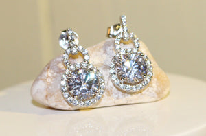 Sterling Silver Cubic Zirconia Round Halo Drop Earrings