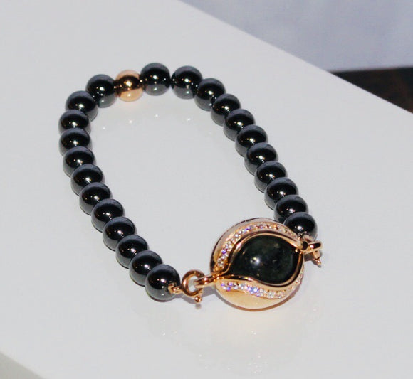 Polished Onyx with Core Rose Gold Crystal set Charm with Moss Green Agate gemstone from The Sparkling Jewels Collection