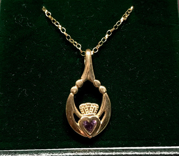 9 carat gold Claddagh with Amethyst heart